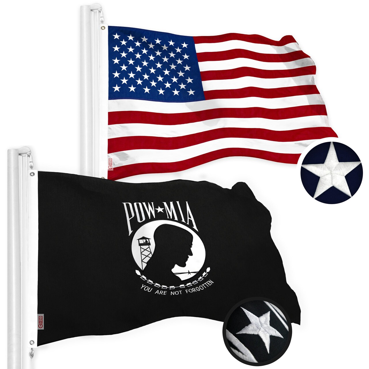 G128 Combo Pack: USA & POW MIA 2.5x4 Ft Embroidered Spun Polyester, Indoor/Outdoor, Brass Grommets